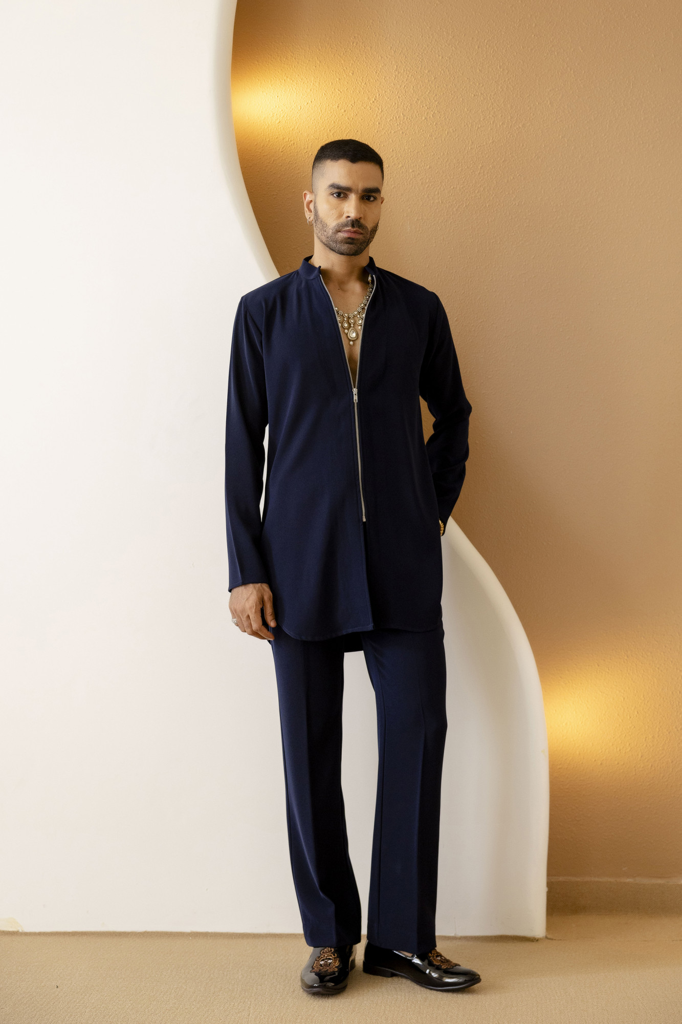 Zip Up Kurta In Zed Blue