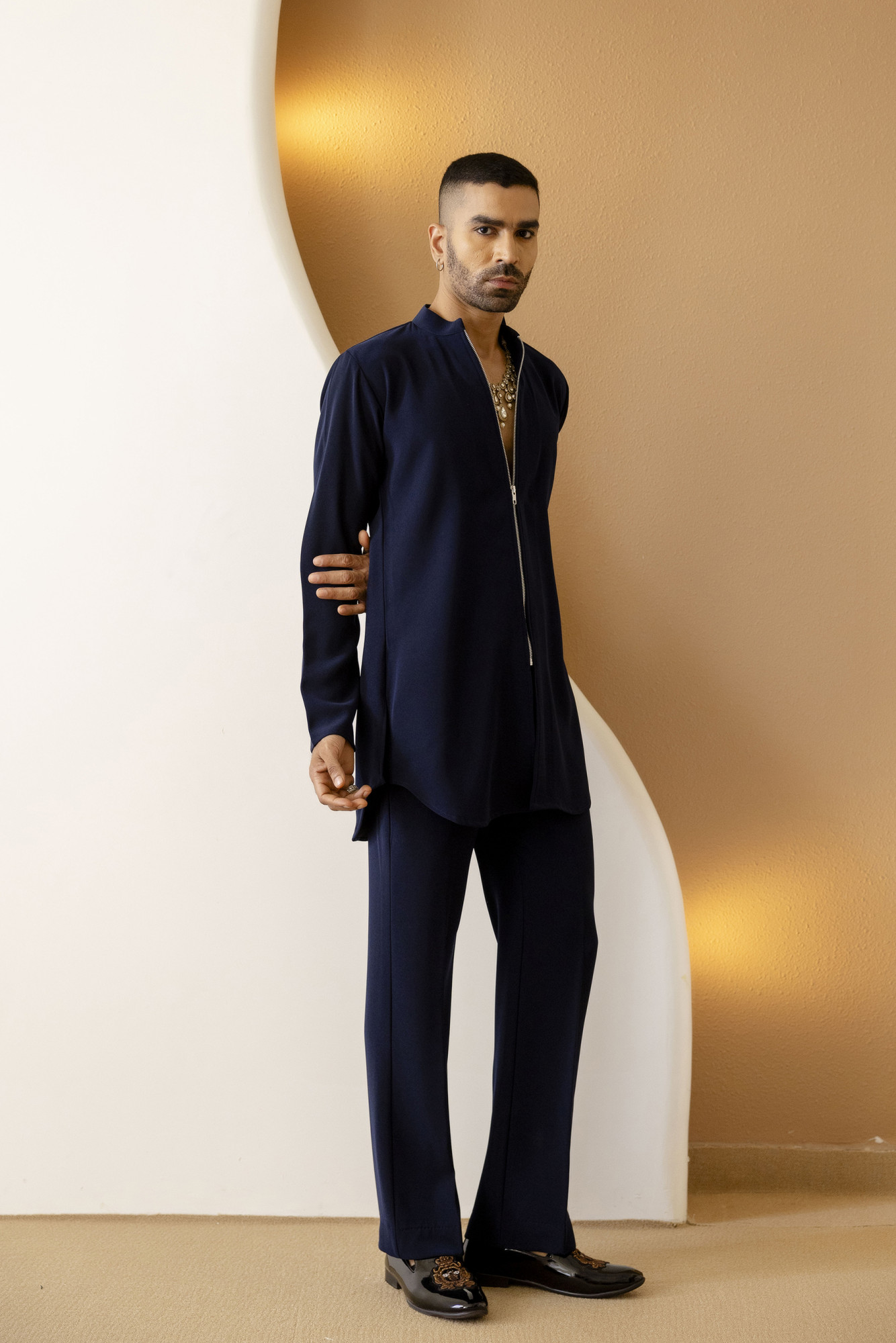Zip Up Kurta In Zed Blue