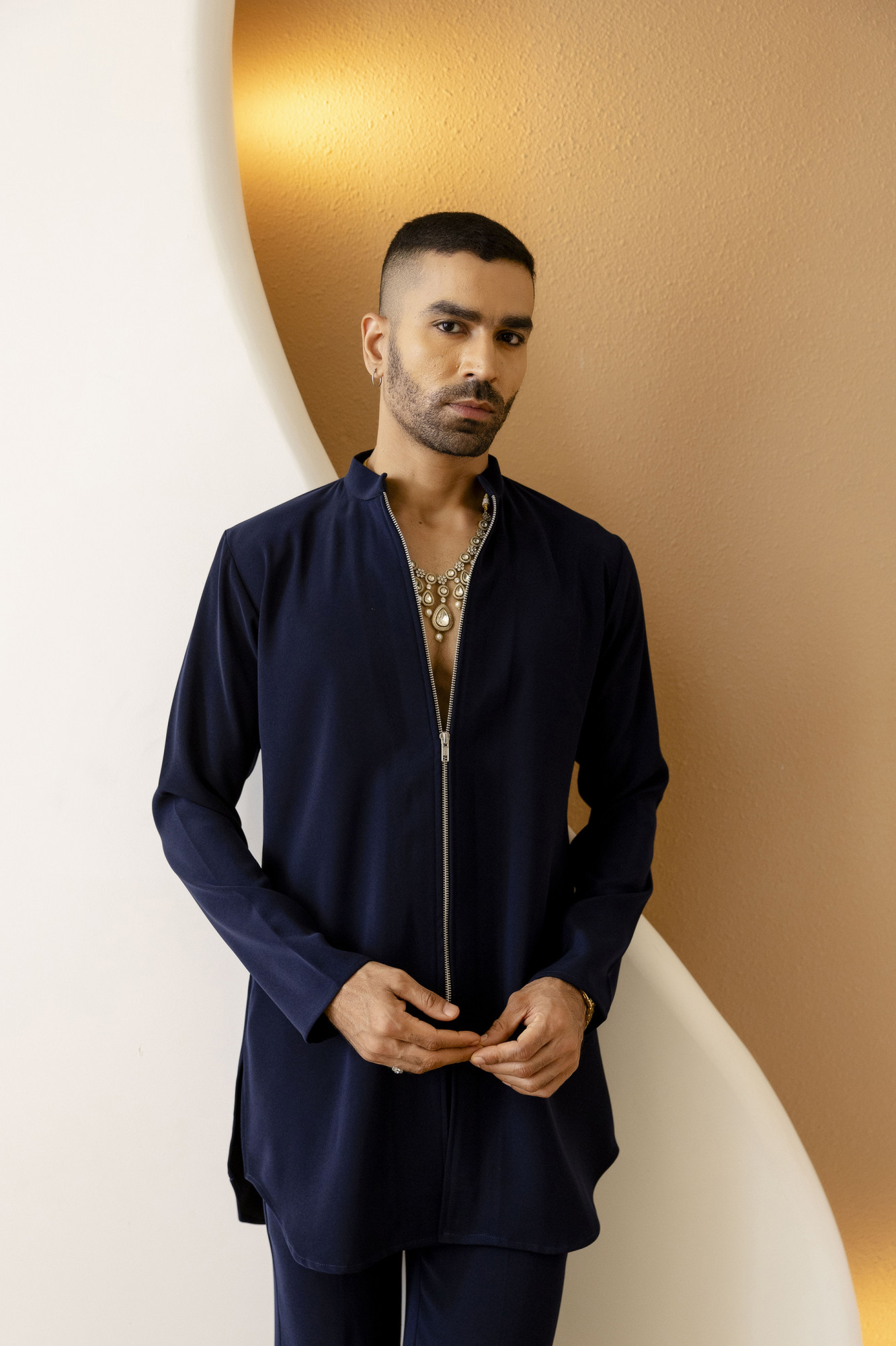 Zip Up Kurta In Zed Blue