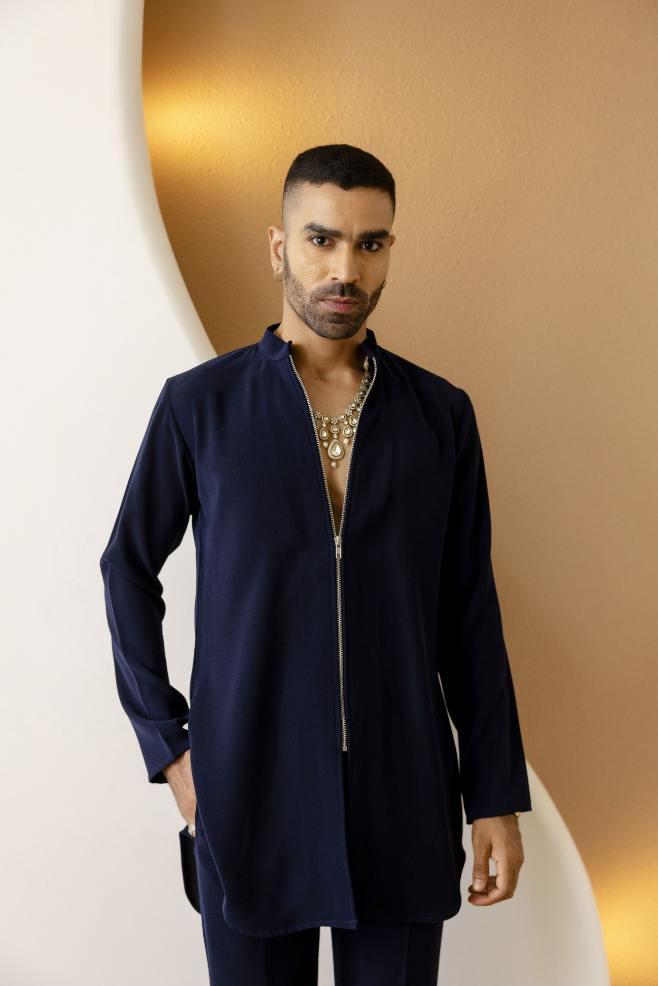 Zip Up Kurta In Zed Blue