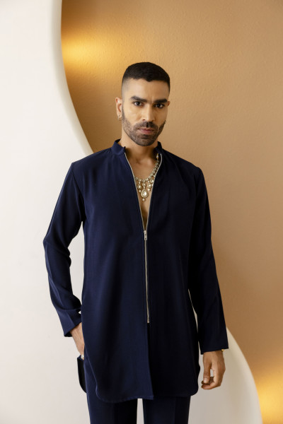 Zip Up Kurta In Zed Blue