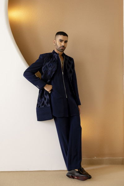 Pintex Motif Bandhgala In Blue