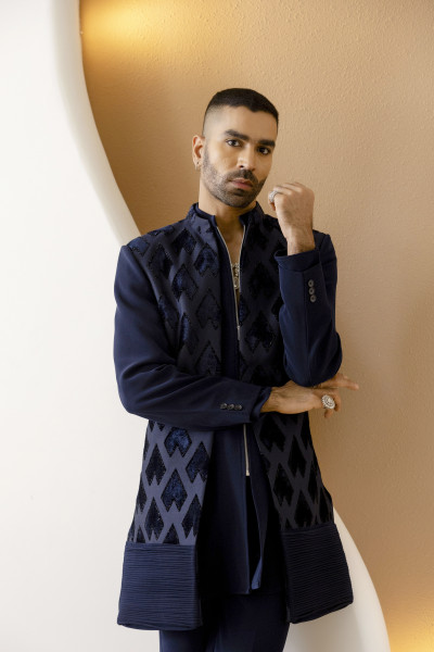 Pintex Motif Bandhgala In Blue