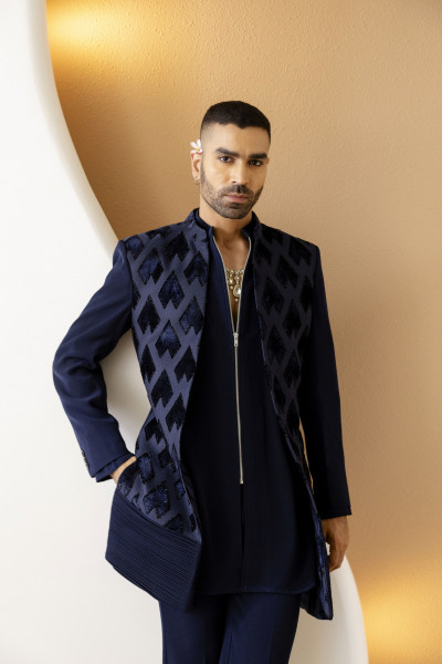 Pintex Motif Bandhgala In Blue