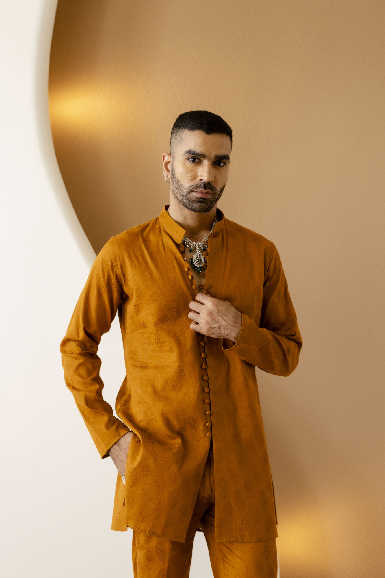 Cotton Jacquard Button Up Kurta