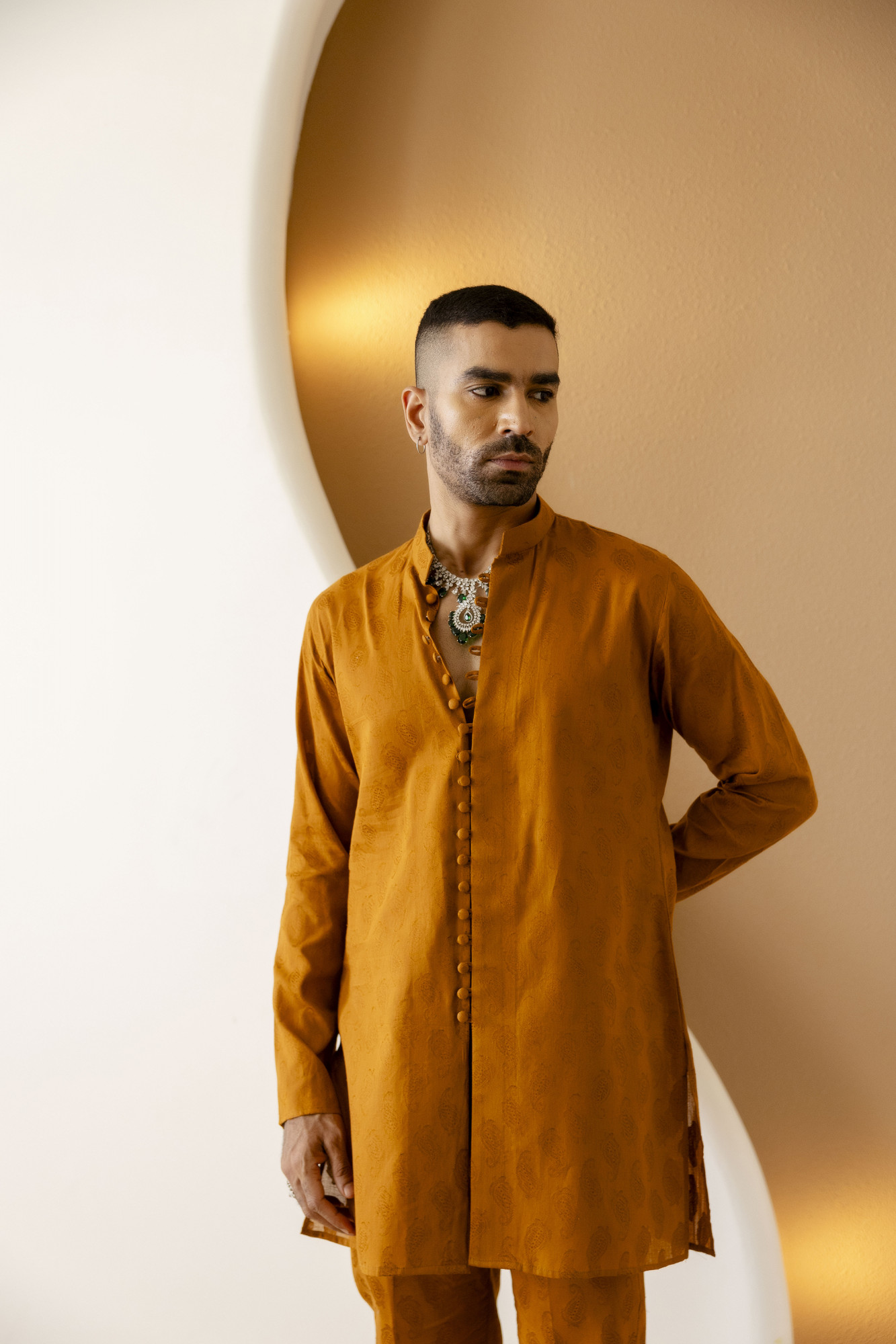 Cotton Jacquard Button Up Kurta