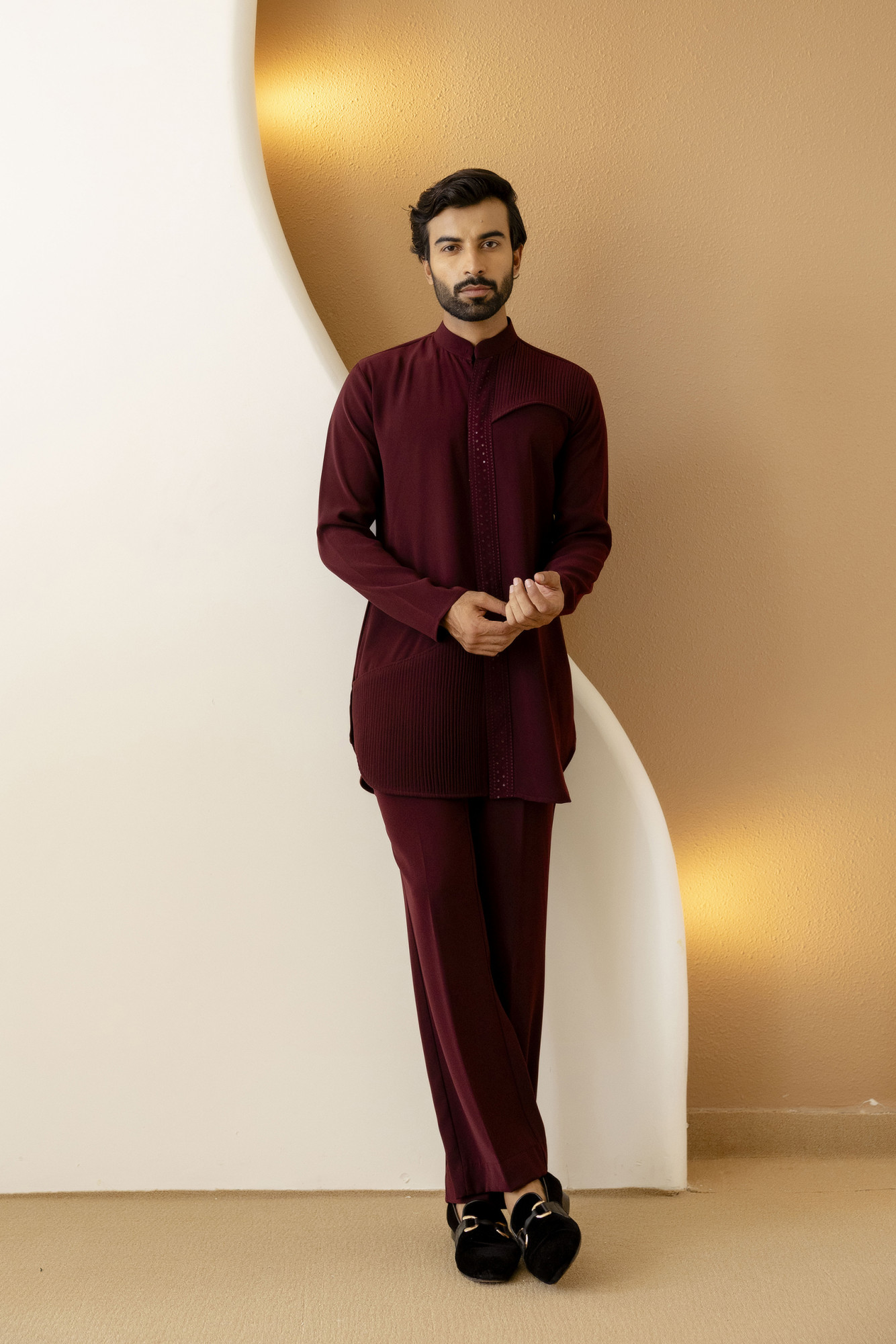 Pintex Patched Open Up Kurta In Wine