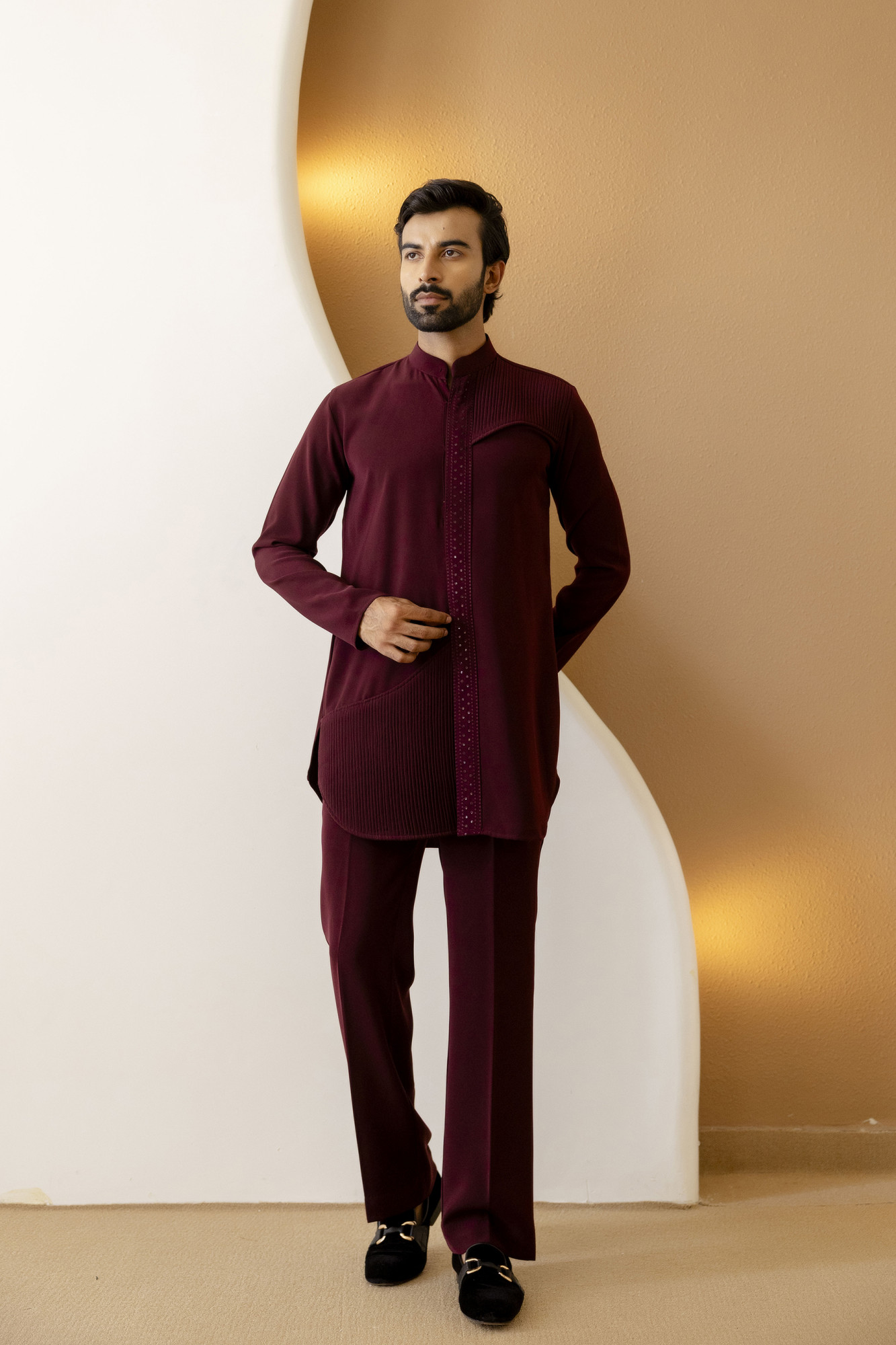 Pintex Patch Motif Kurta In wine