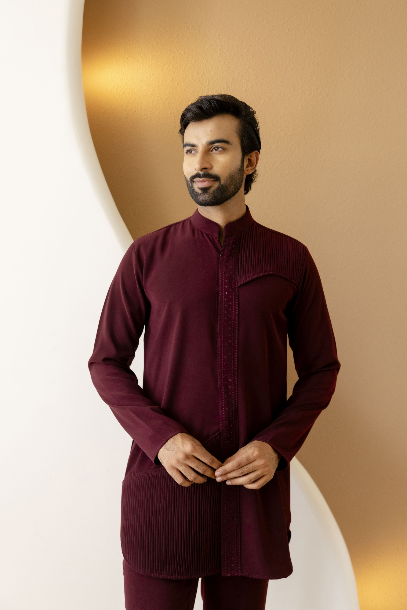 Pintex Patched Open Up Kurta In Wine