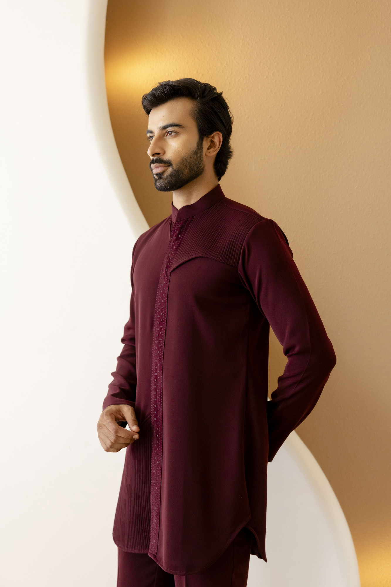 Pintex Patched Open Up Kurta In Wine