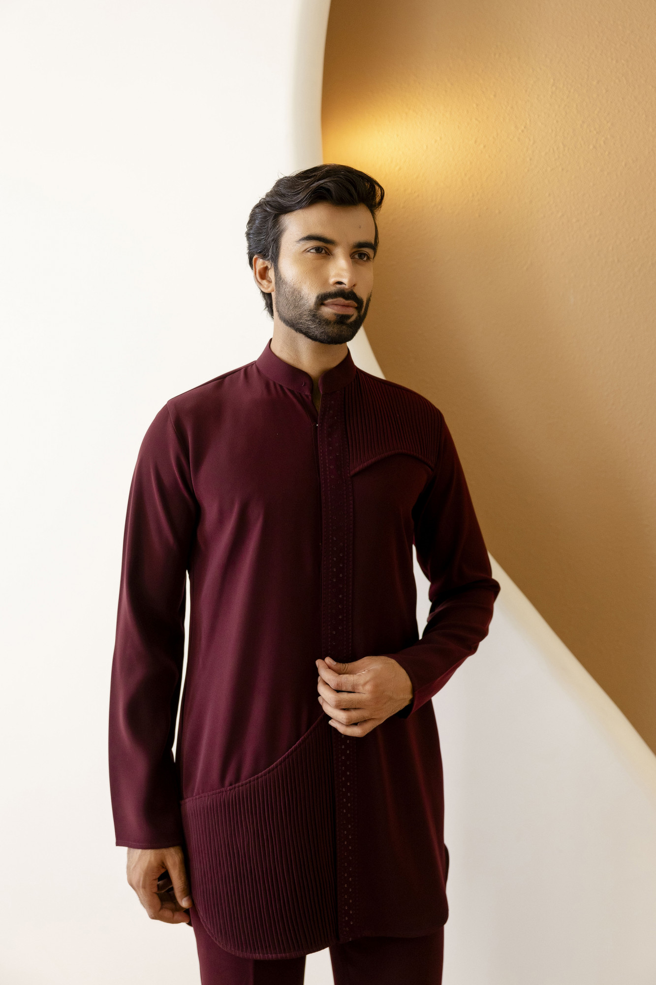 Pintex Patched Open Up Kurta In Wine