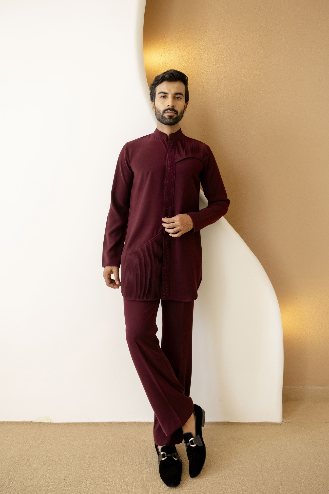 Pintex Patched Open Up Kurta In Wine