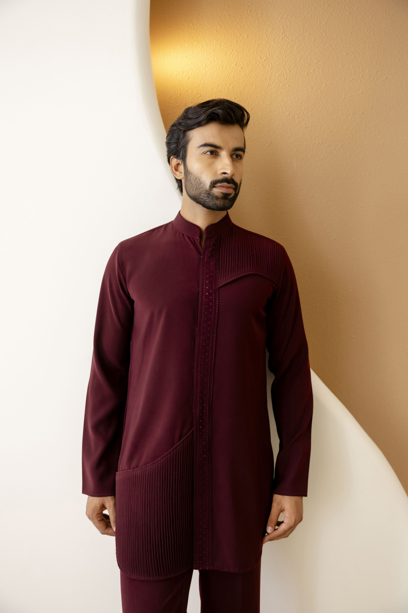 Pintex Patched Open Up Kurta In Wine