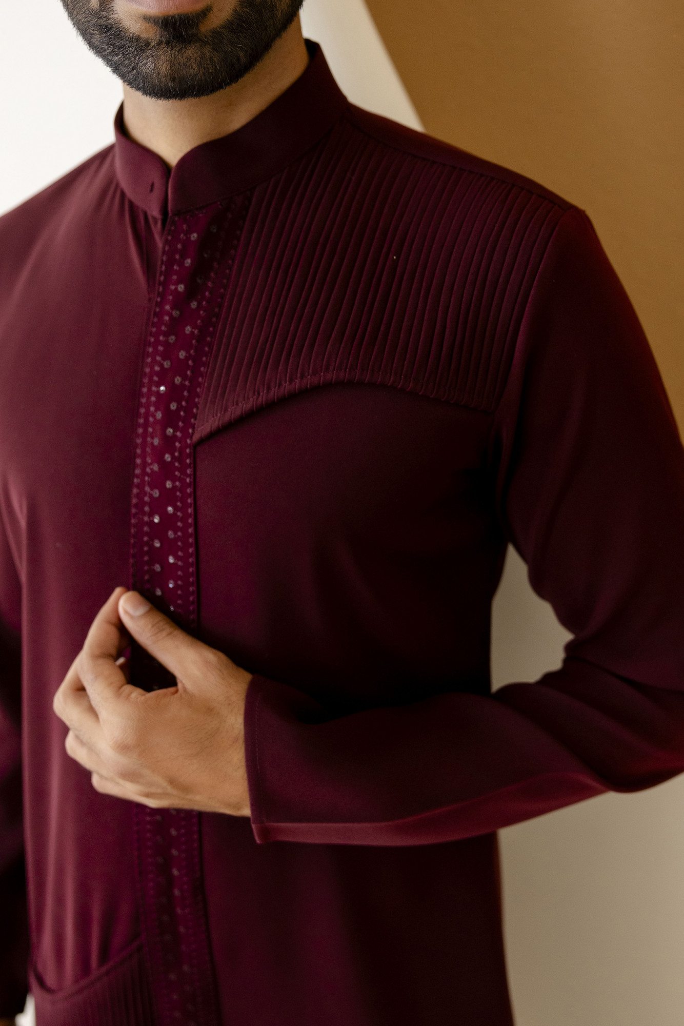 Pintex Patched Open Up Kurta In Wine
