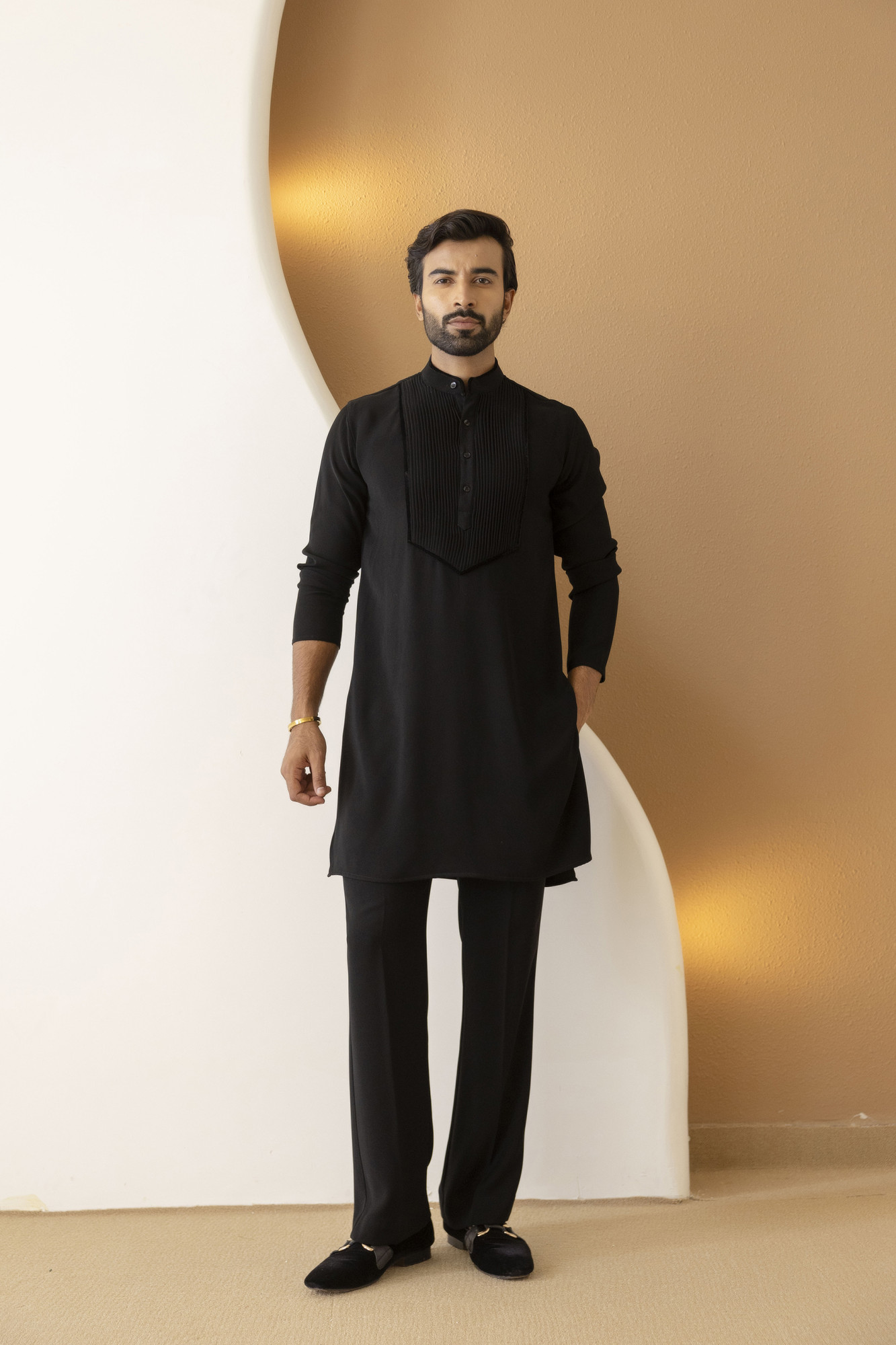 Pintex Neck Work Kurta In Zed Black