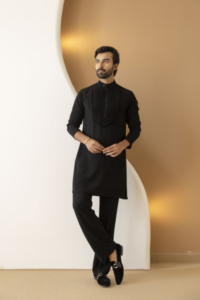 Pintex Neck Work Kurta In Zed Black
