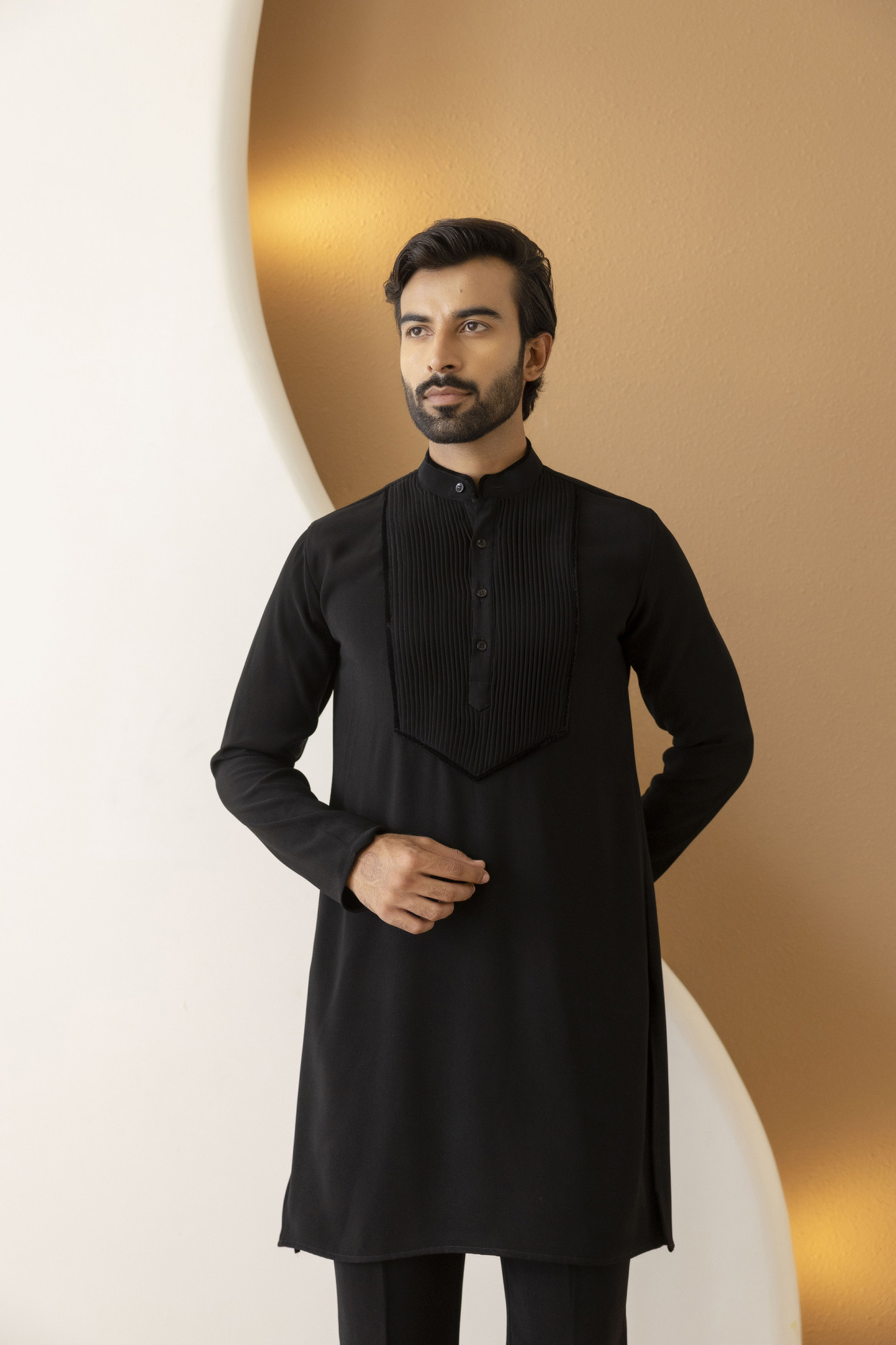 Pintex Neck Work Kurta In Zed Black