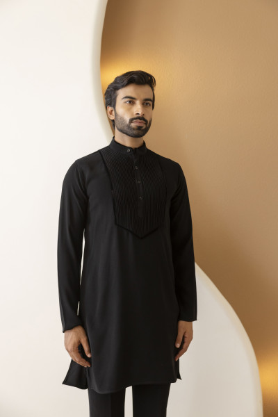 Pintex Neck Work Kurta In Zed Black