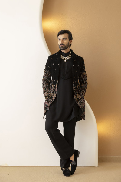 Embroidered Open Achkan In Black Velvet