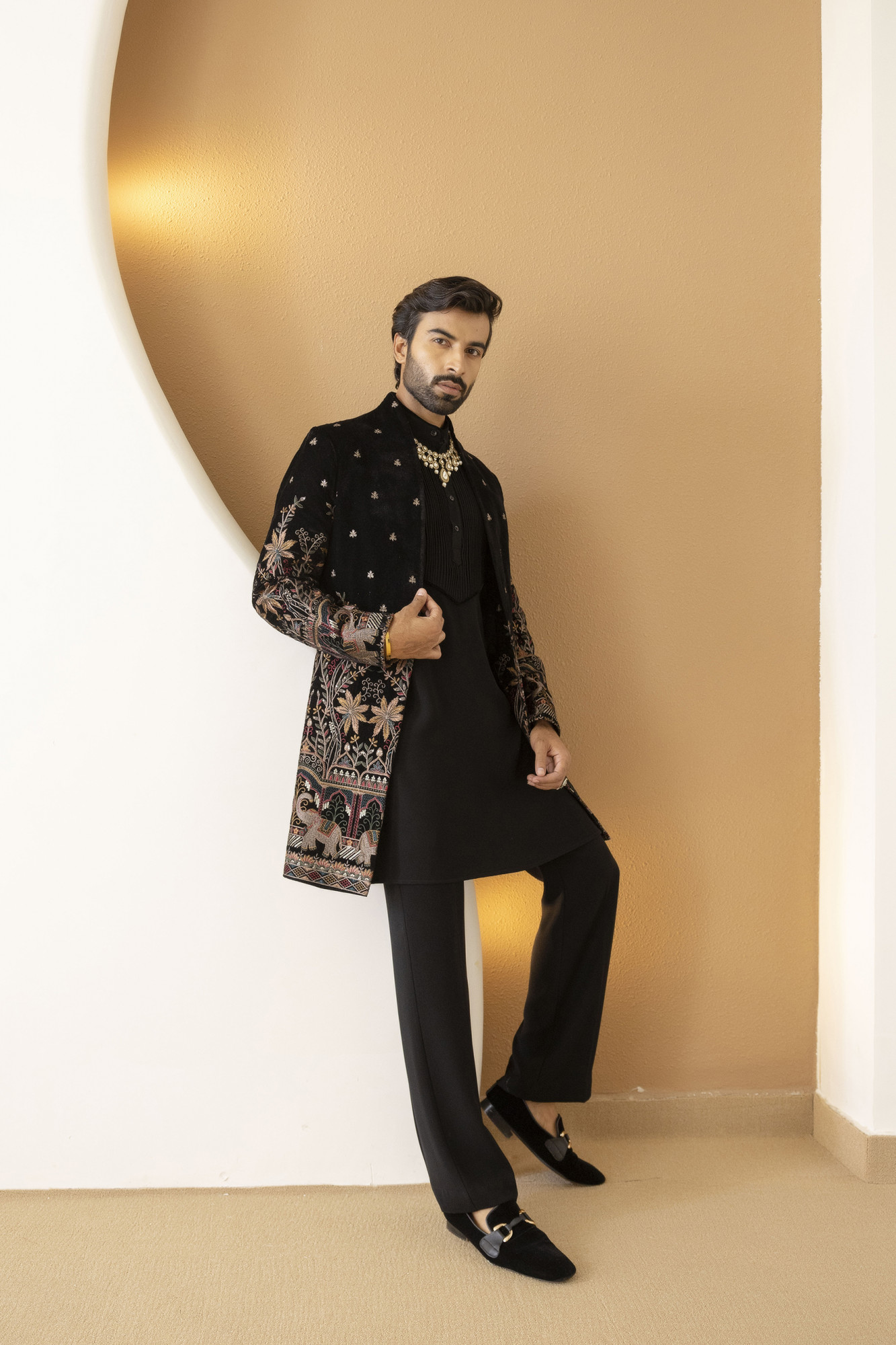 Embroidered Open Achkan In Black Velvet