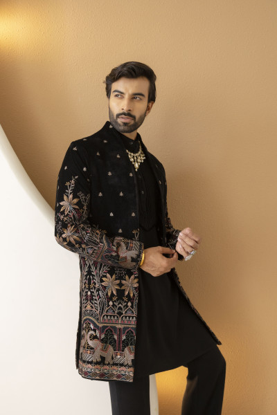 Embroidered Open Achkan In Black Velvet