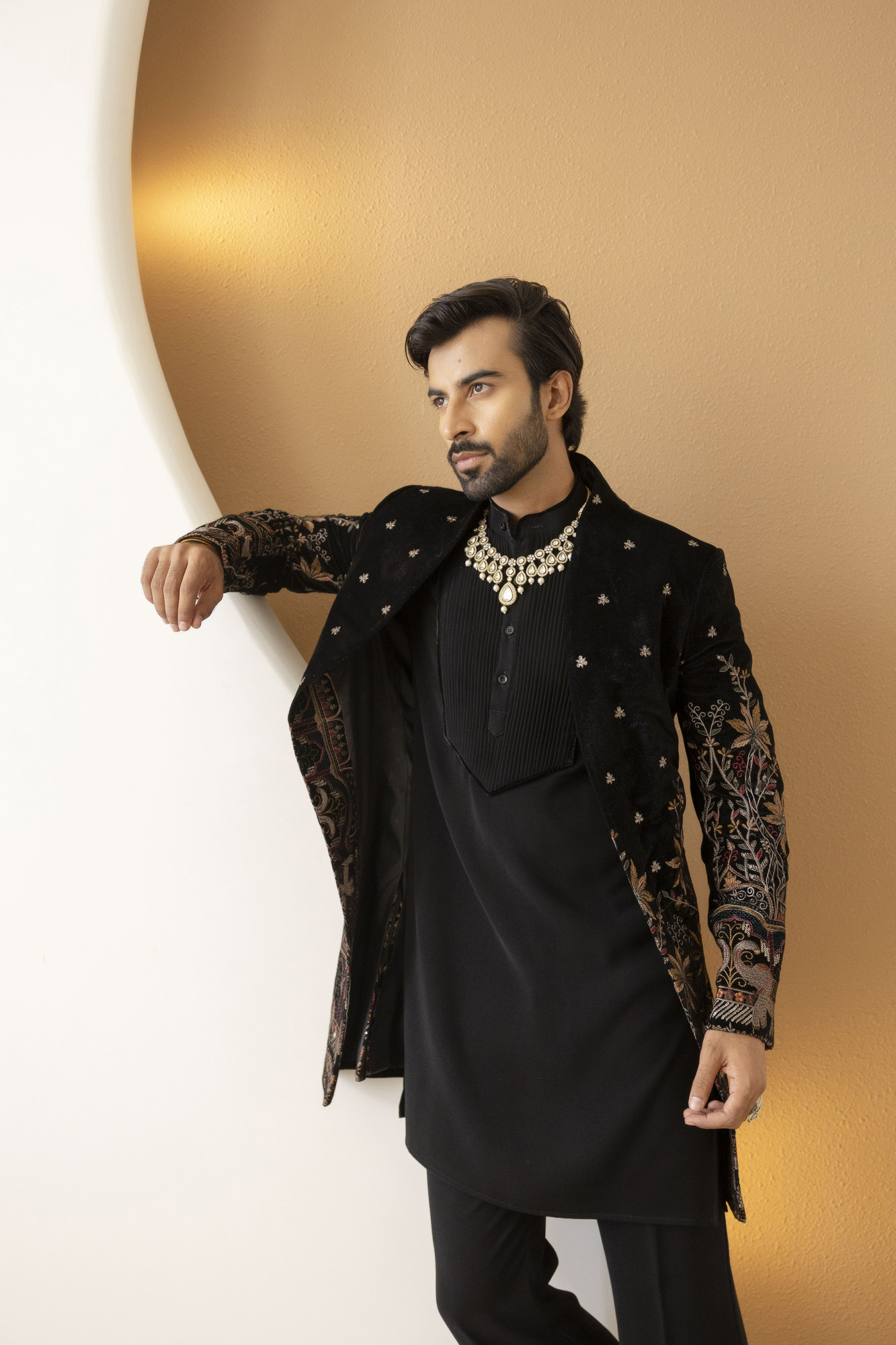 Embroidered Open Achkan In Black Velvet