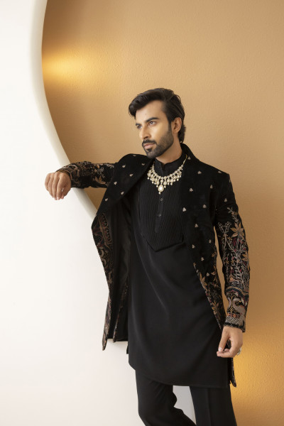 Embroidered Open Achkan In Black Velvet