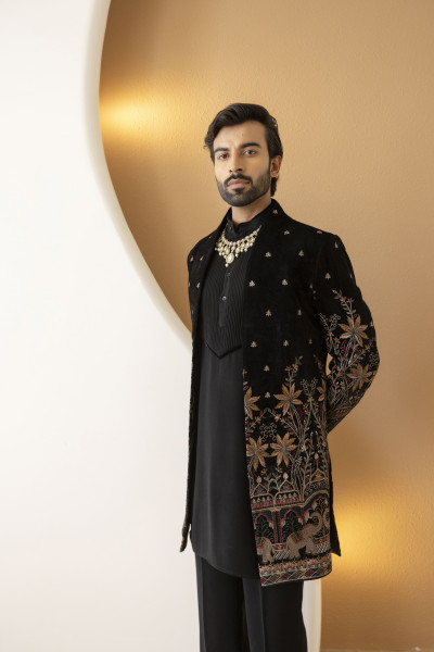 Embroidered Open Achkan In Black Velvet