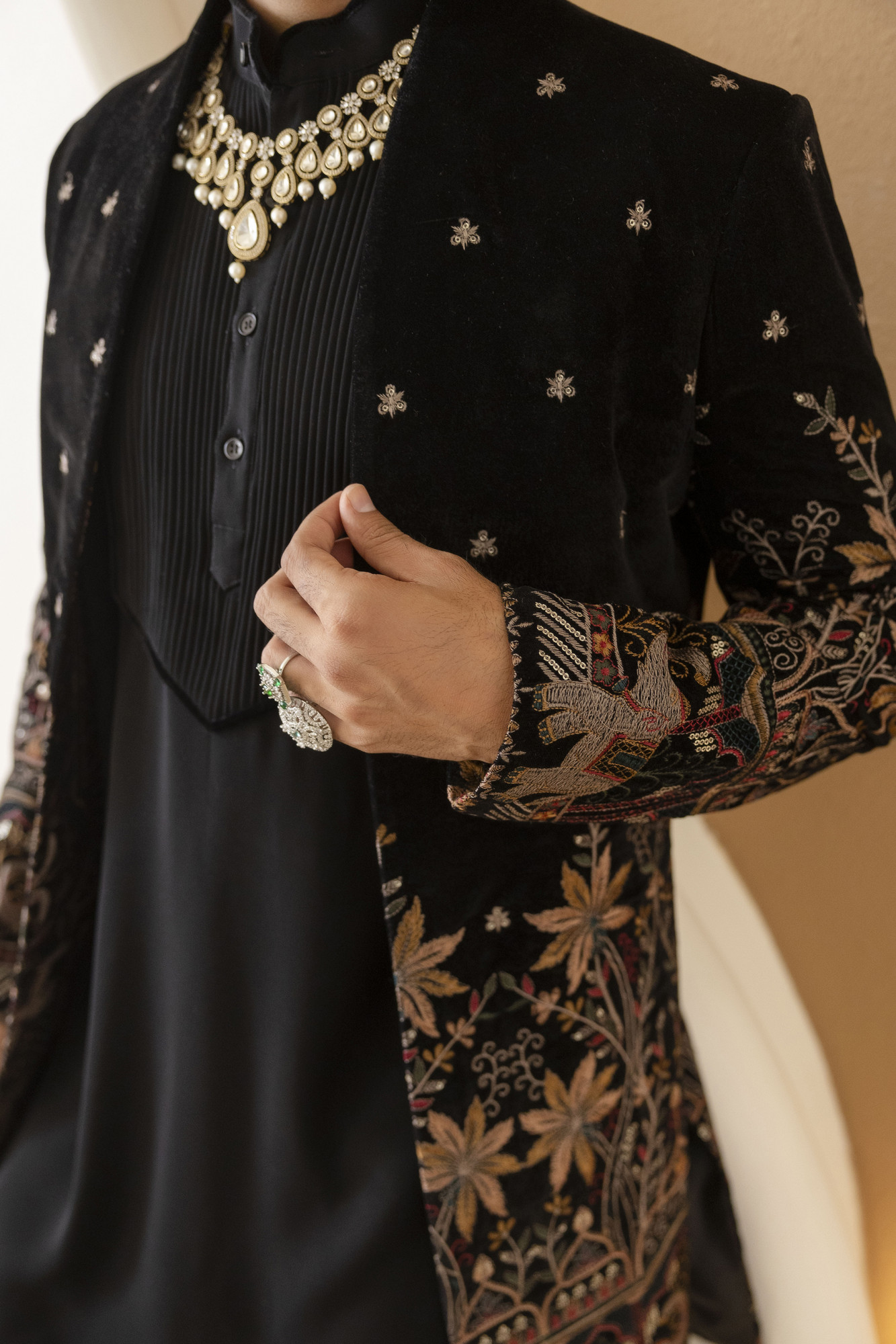 Embroidered Open Achkan In Black Velvet