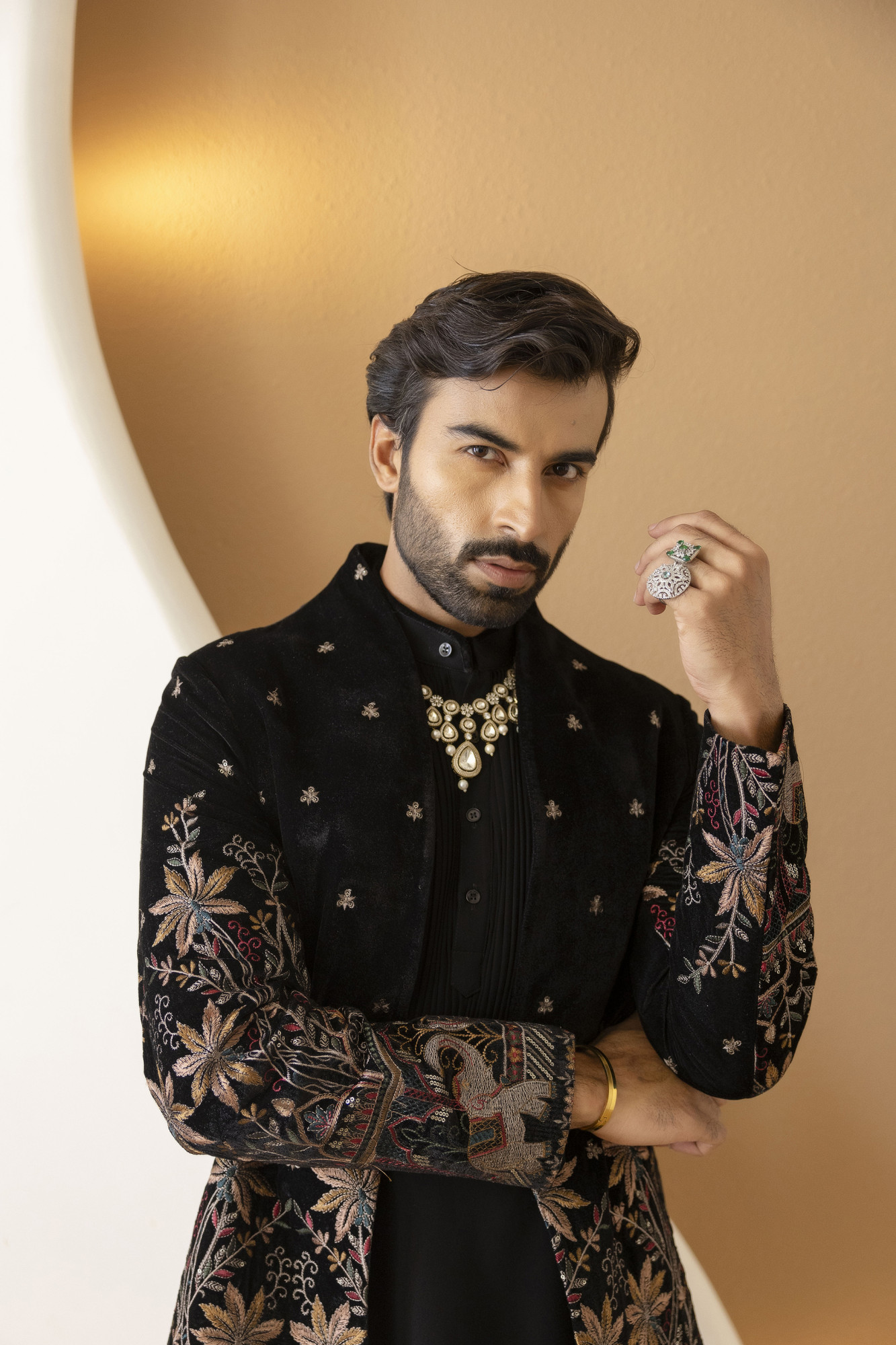 Embroidered Open Achkan In Black Velvet