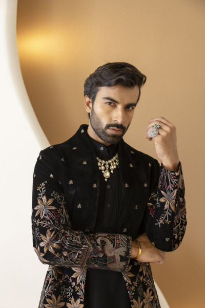 Embroidered Open Achkan In Black Velvet