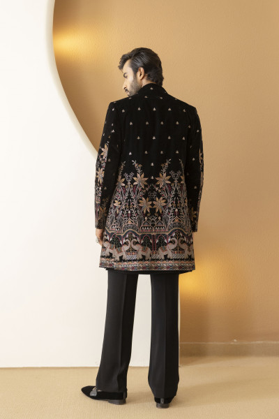 Embroidered Open Achkan In Black Velvet
