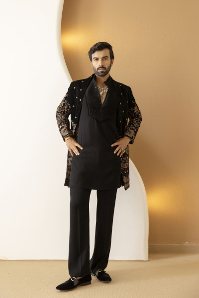Embroidered Open Achkan In Black Velvet