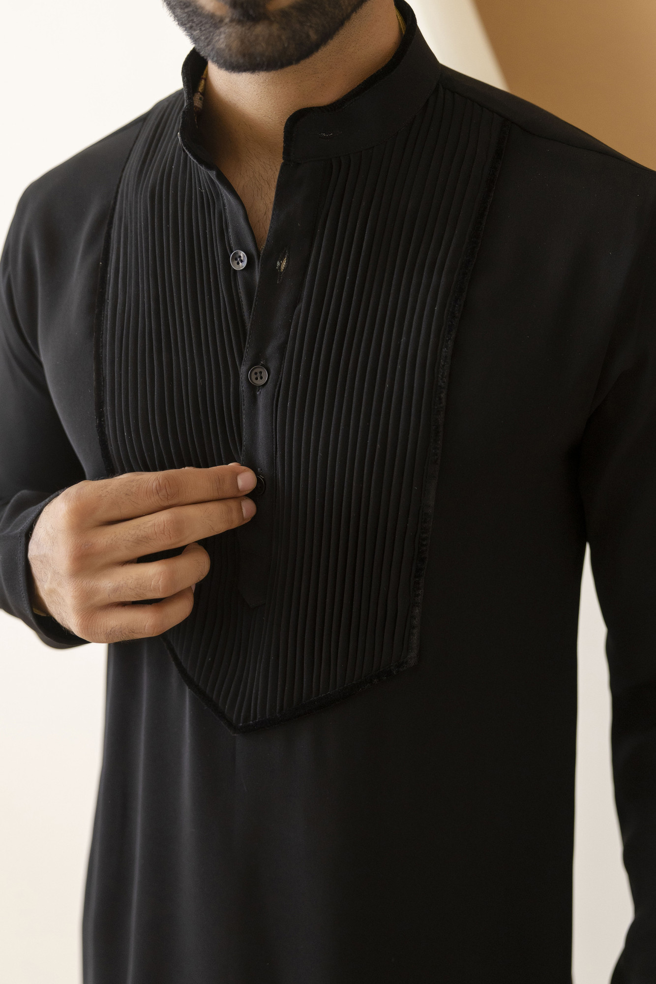 Pintex Neck Work Kurta In Zed Black