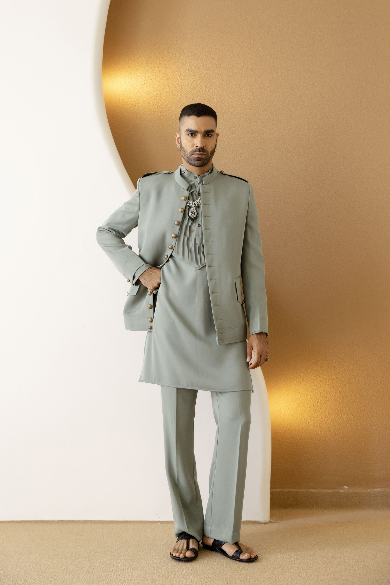 Button Up Bandhgala In Off Green