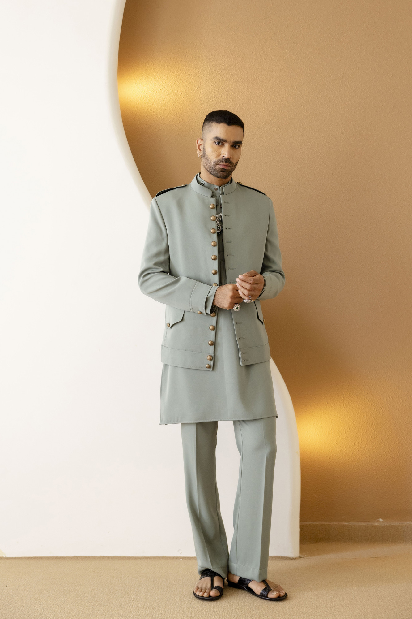 Button Up Bandhgala In Off Green