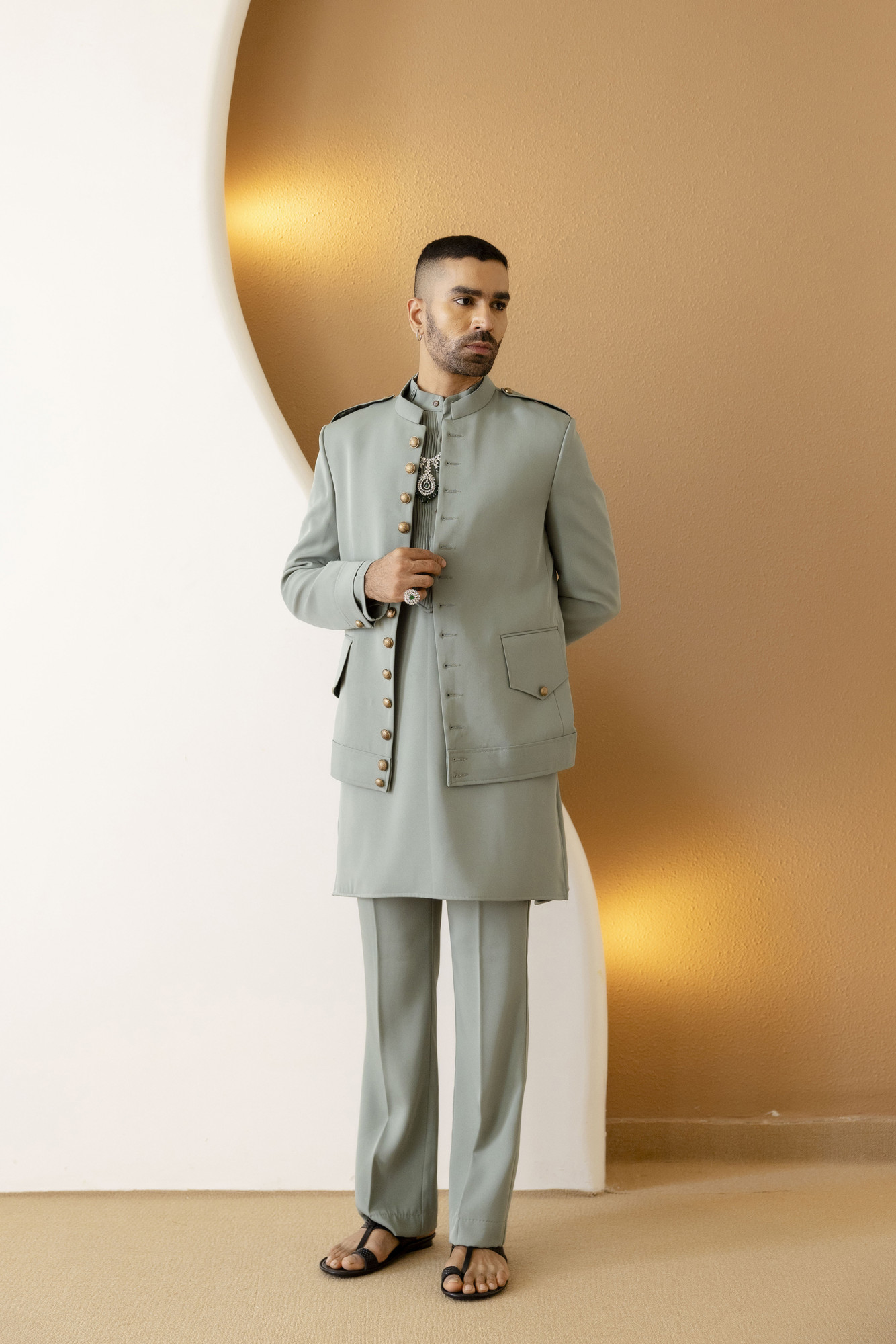 Button Up Bandhgala In Off Green