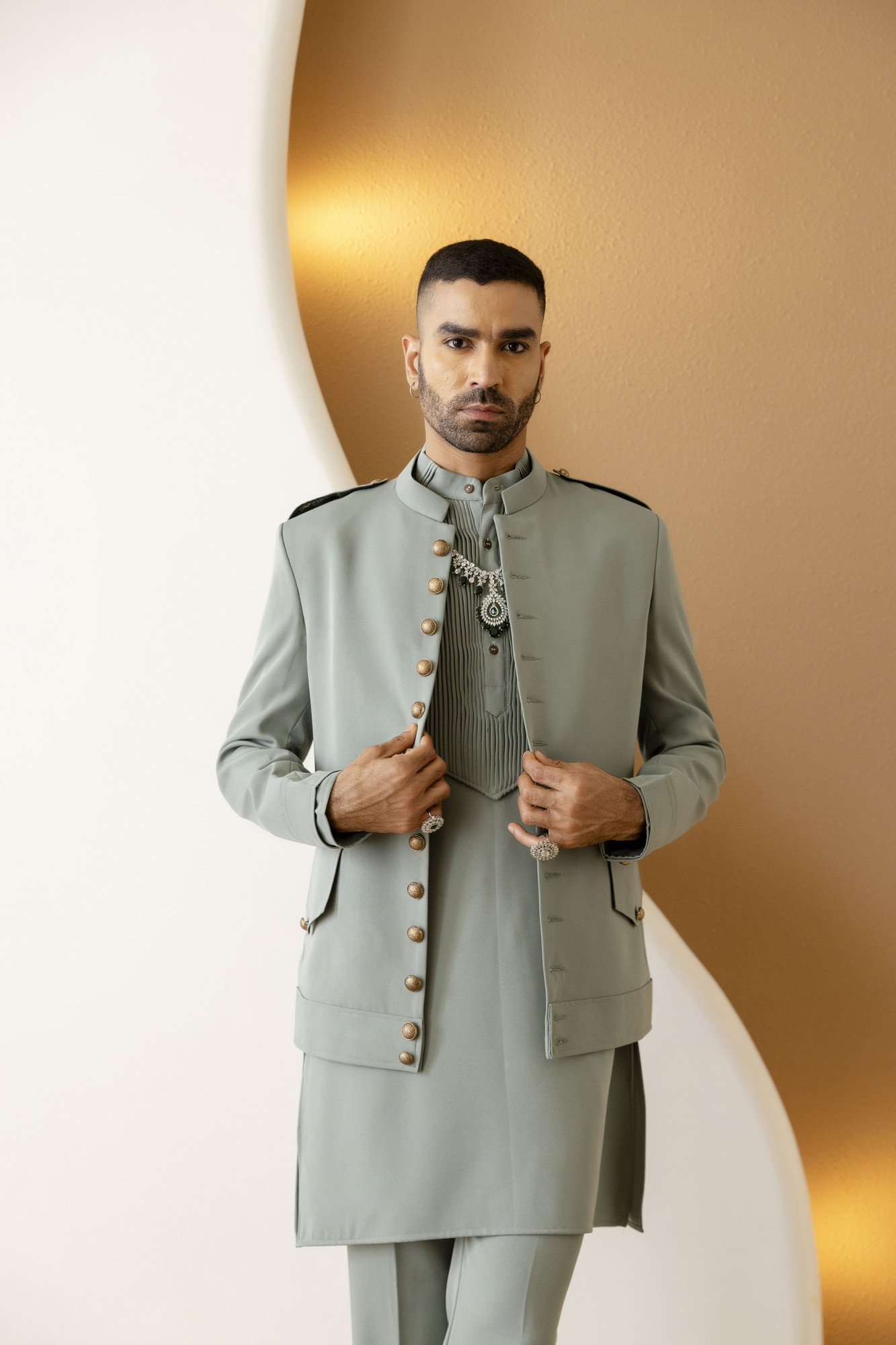 Button Up Bandhgala In Off Green