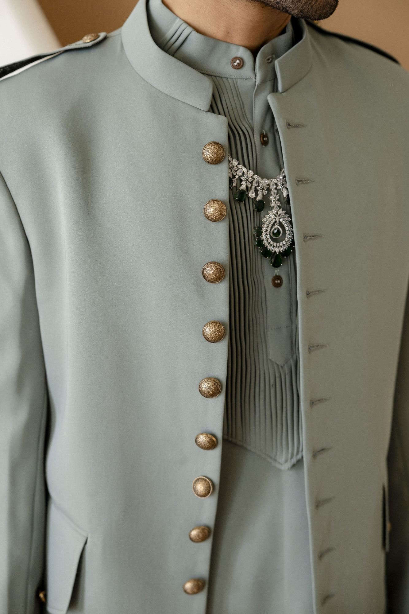 Button Up Bandhgala In Off Green