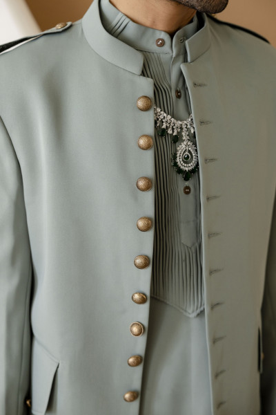 Button Up Bandhgala In Off Green