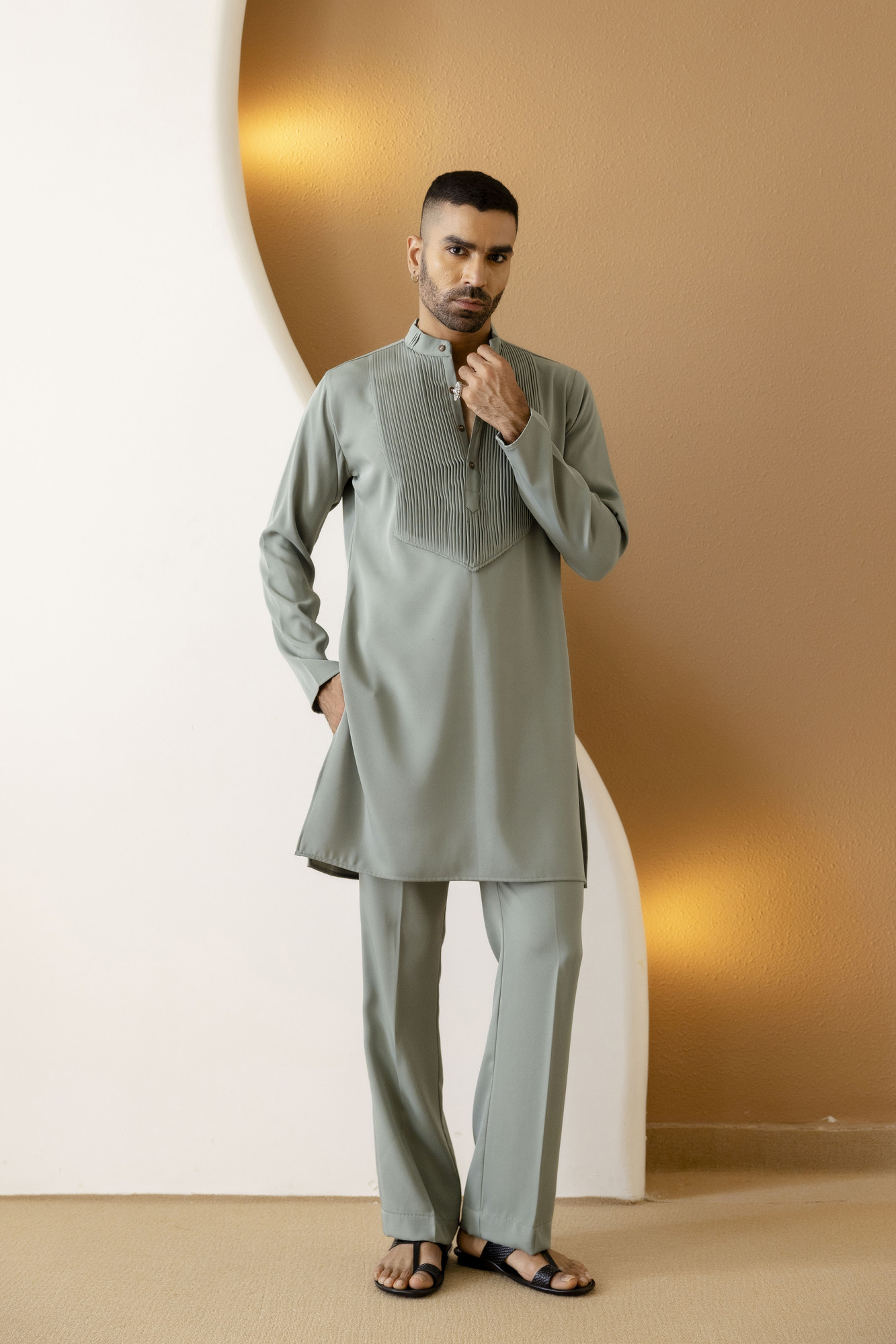 Pintex Neck Work Kurta In Off Green