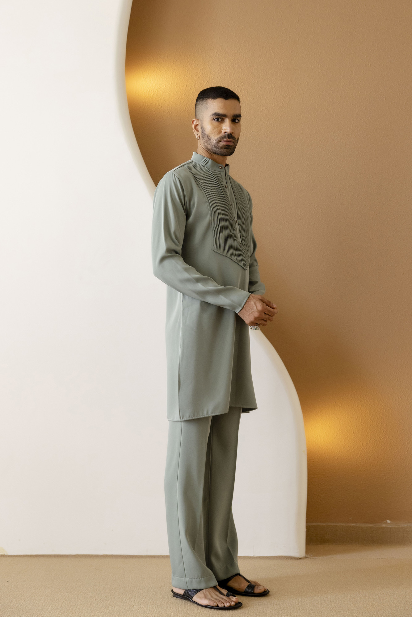 Pintex Neck Work Kurta In Off Green