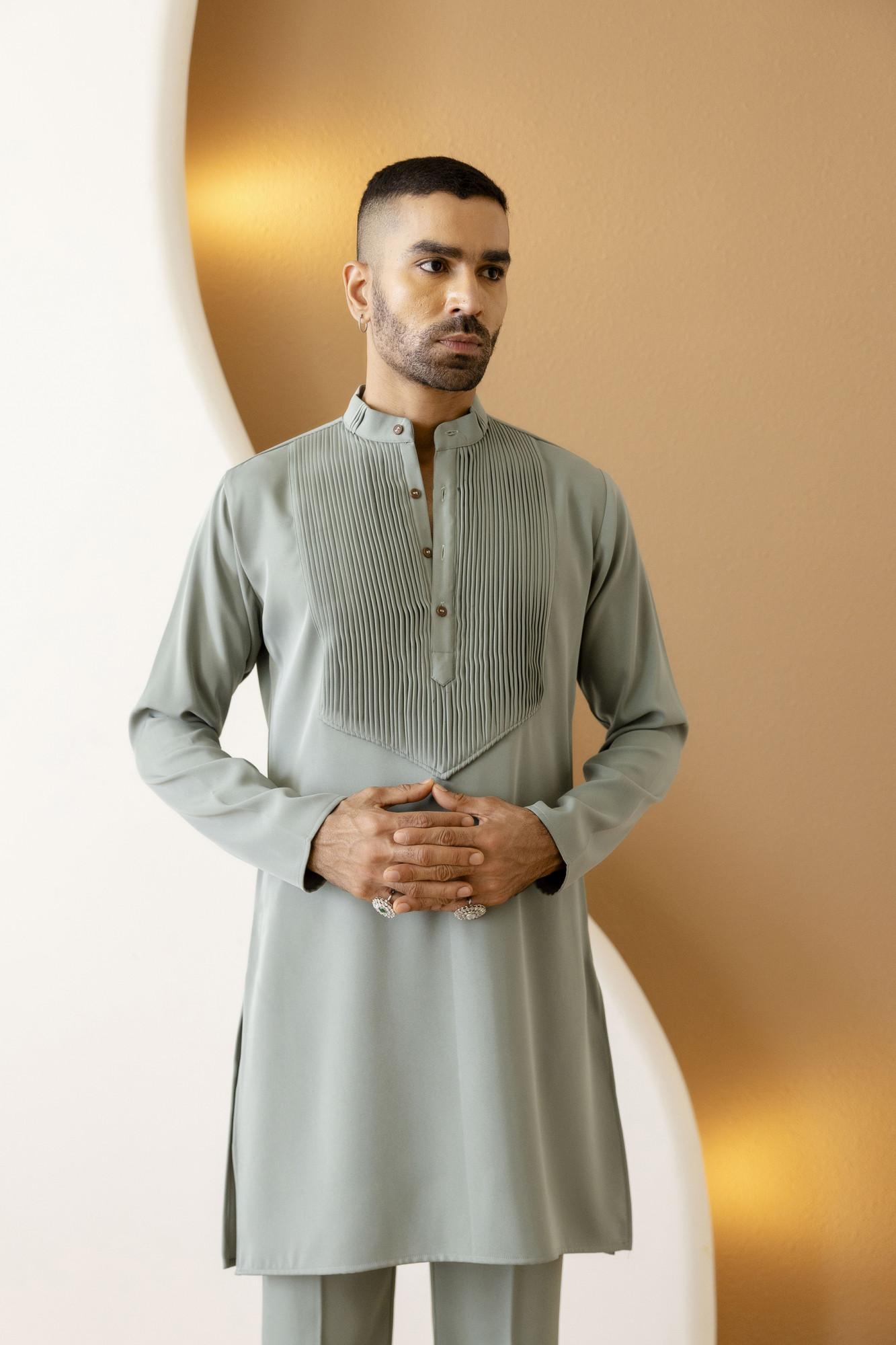 Pintex Neck Work Kurta In Off Green