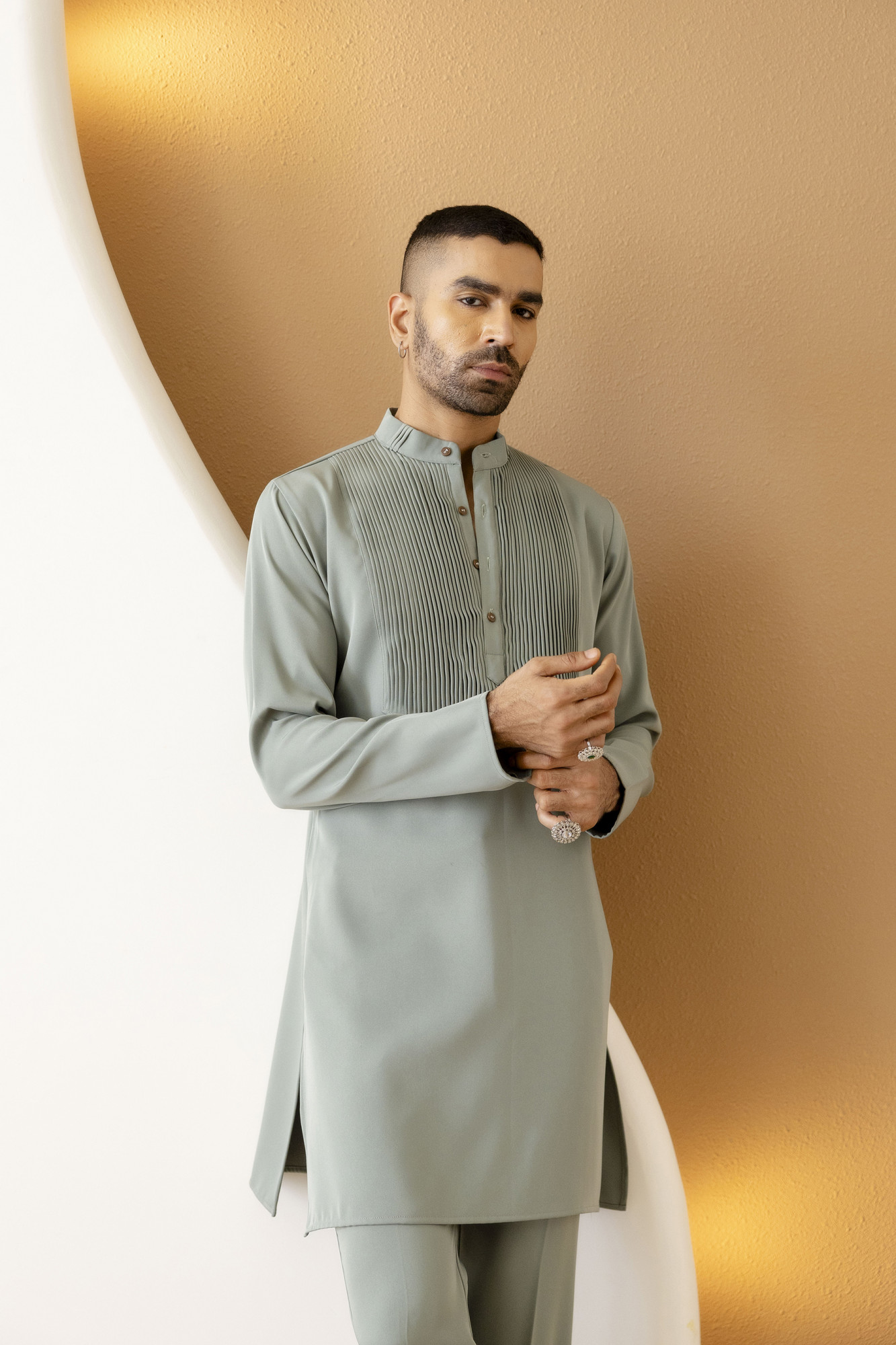 Pintex Neck Work Kurta In Off Green