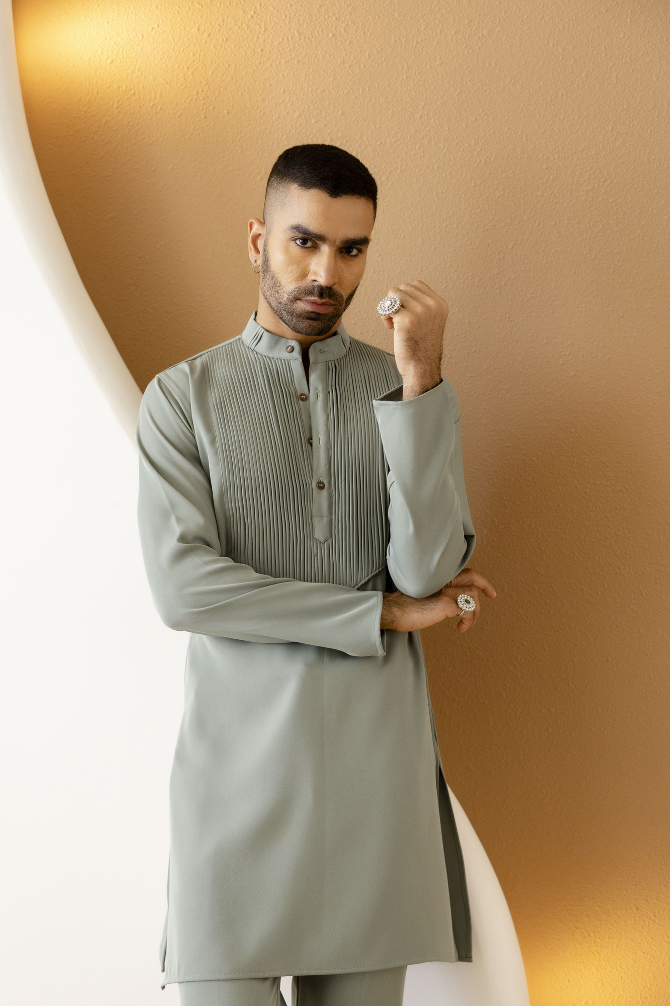 Pintex Neck Work Kurta In Off Green