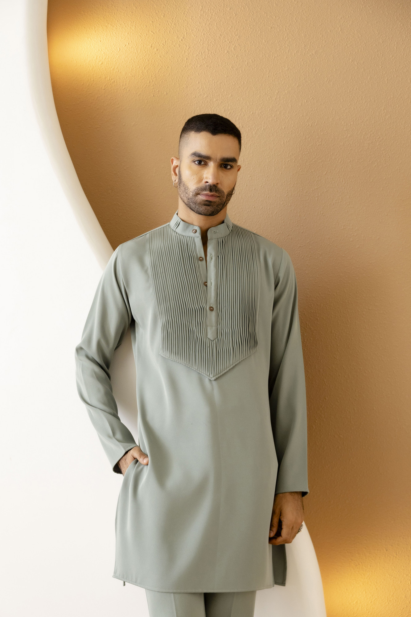 Pintex Neck Work Kurta In Off Green