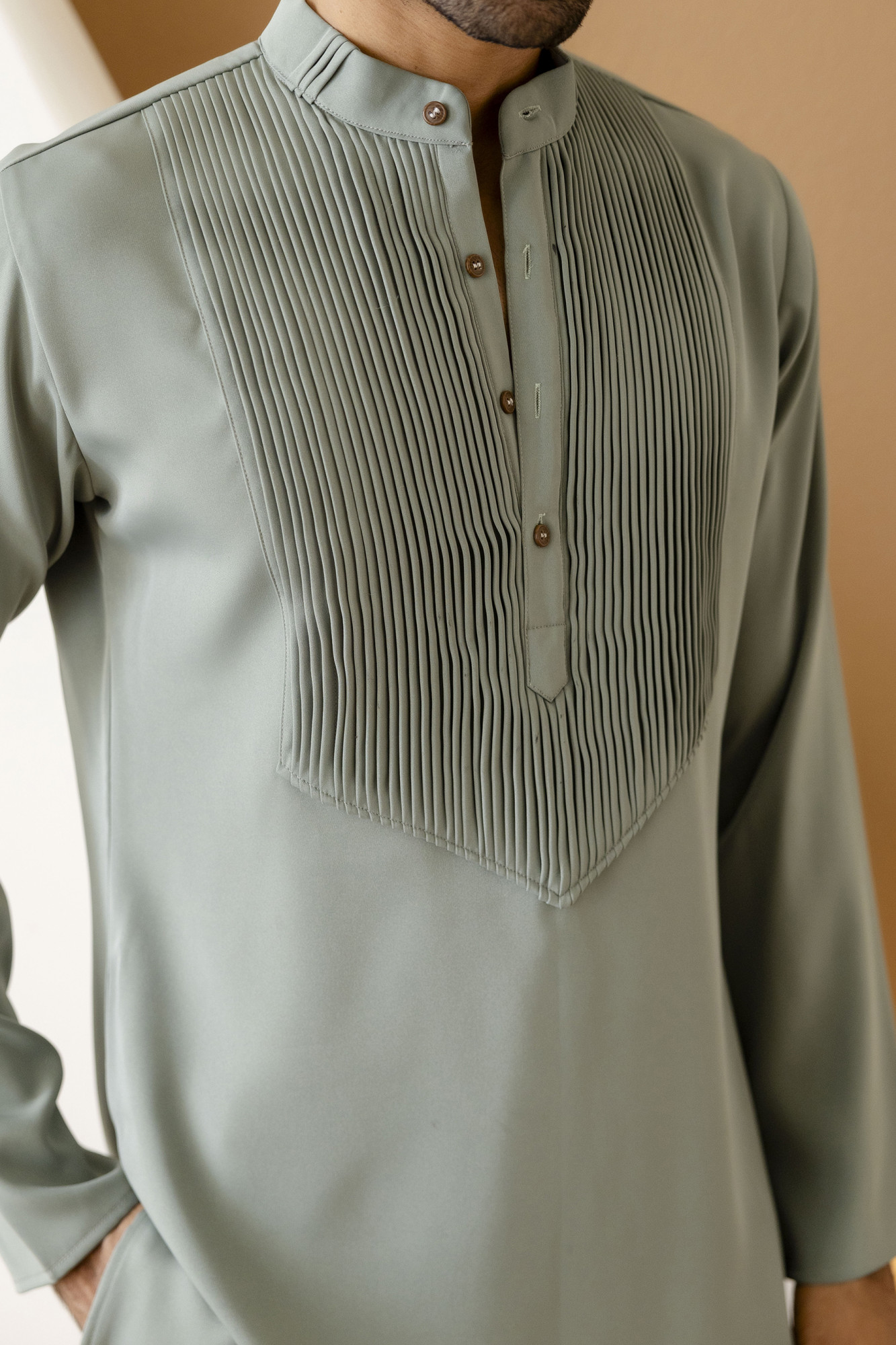 Pintex Neck Work Kurta In Off Green