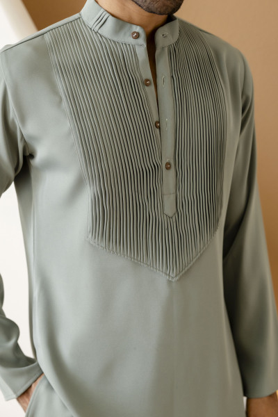 Pintex Neck Work Kurta In Off Green