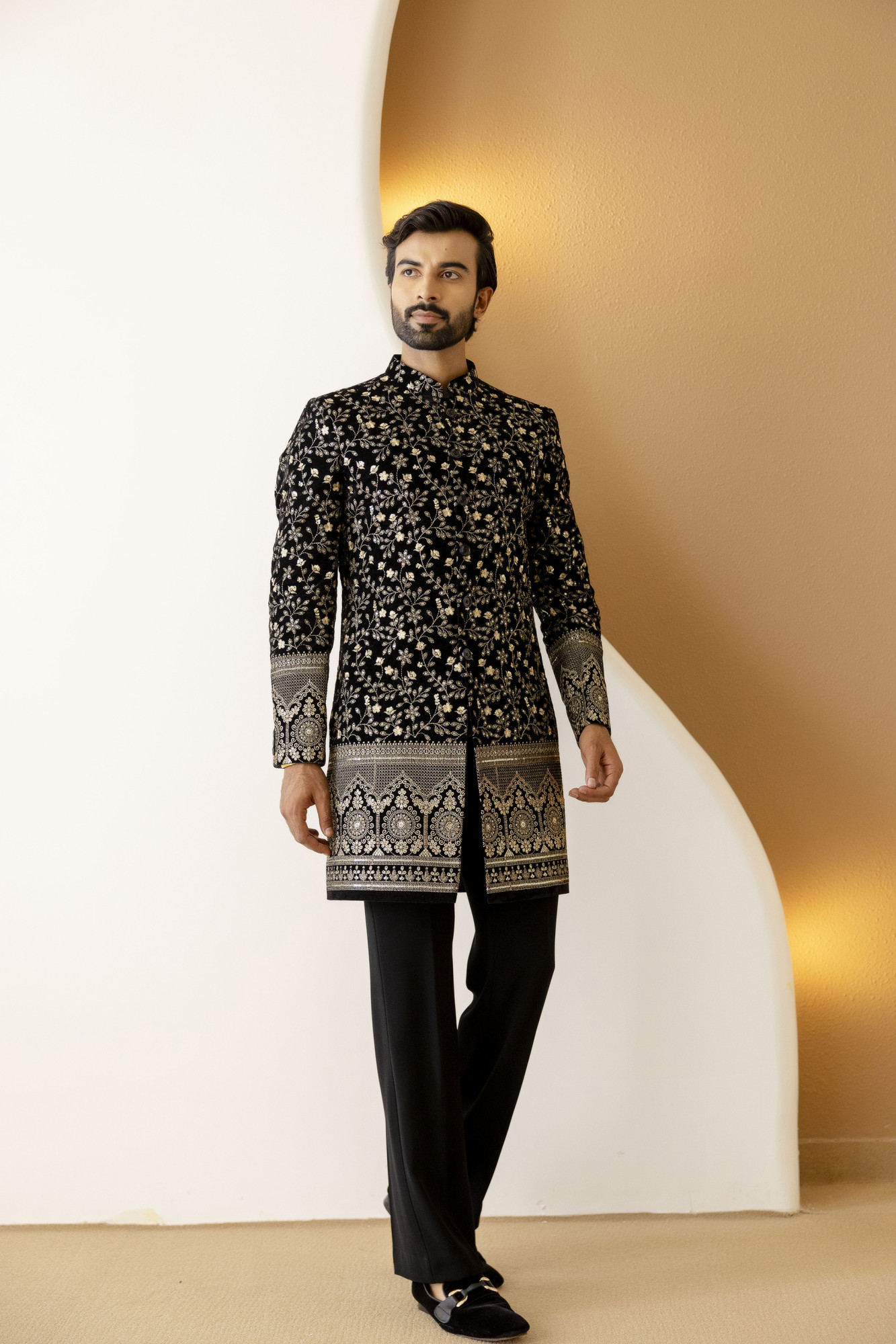 Gold Embroidered Achkan In Black Velvet
