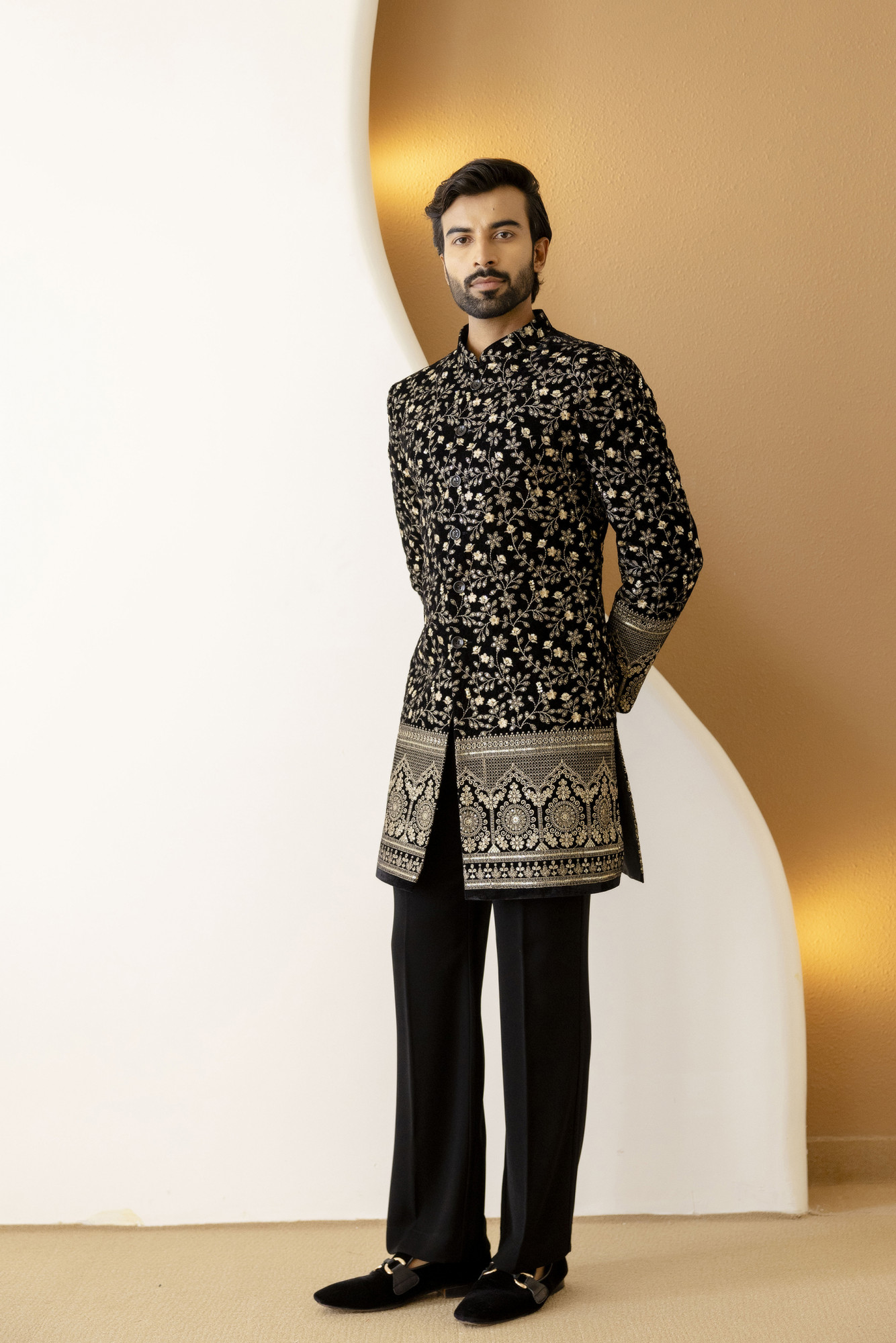 Gold Embroidered Achkan In Black Velvet